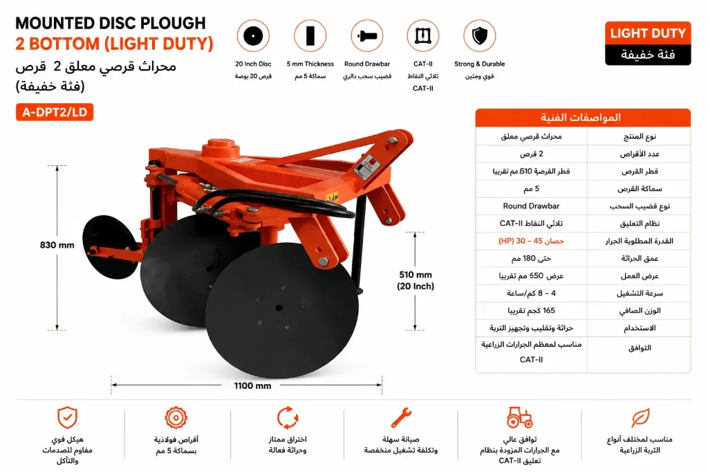 [A-DPT2-LD-20CM] Mounted Disc Plough 2 Bottom (Light Duty)